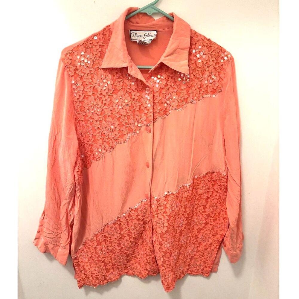Diane Gilman Silk Lace Blouse Coral Orange Button Front Top L